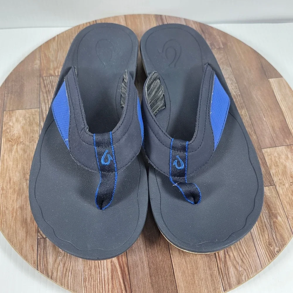 OluKai Nohona 10350-DEDE Mens US 8 Flip Flop Navy Leather Slip On Thong Sandals